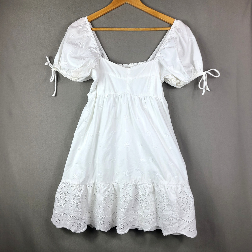Sim & Sam White Babydoll Eyelet Dress Cottagecore Prairie Square Neck Size M